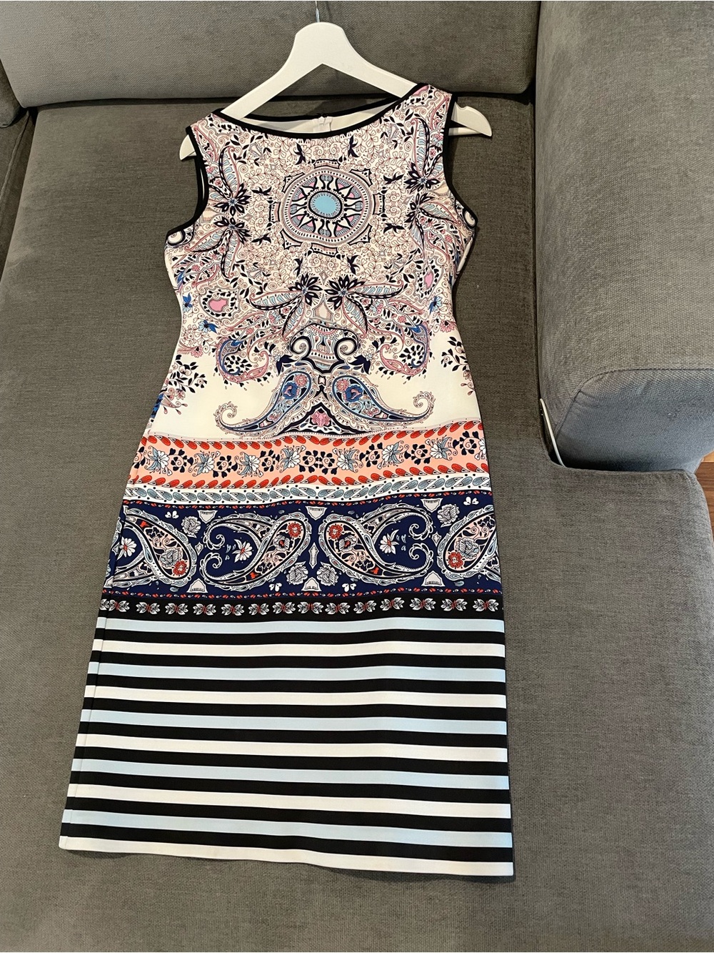 Clover Canyon Cream, Navy & Coral Paisley-Striped Midi Dress